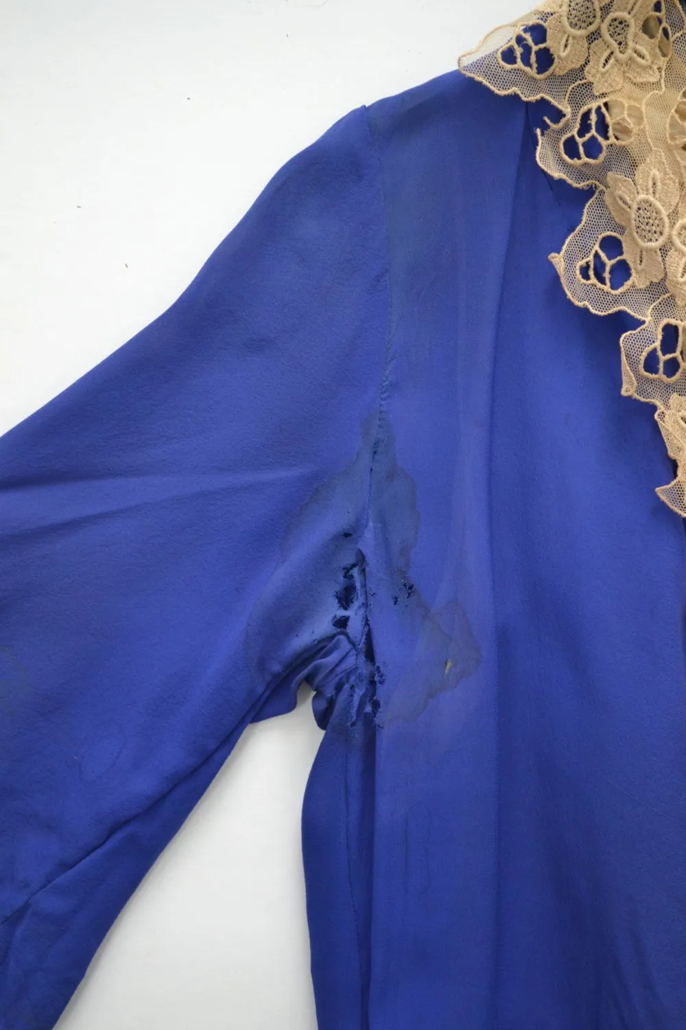 1920s Blue Silk Dress Lace Colla