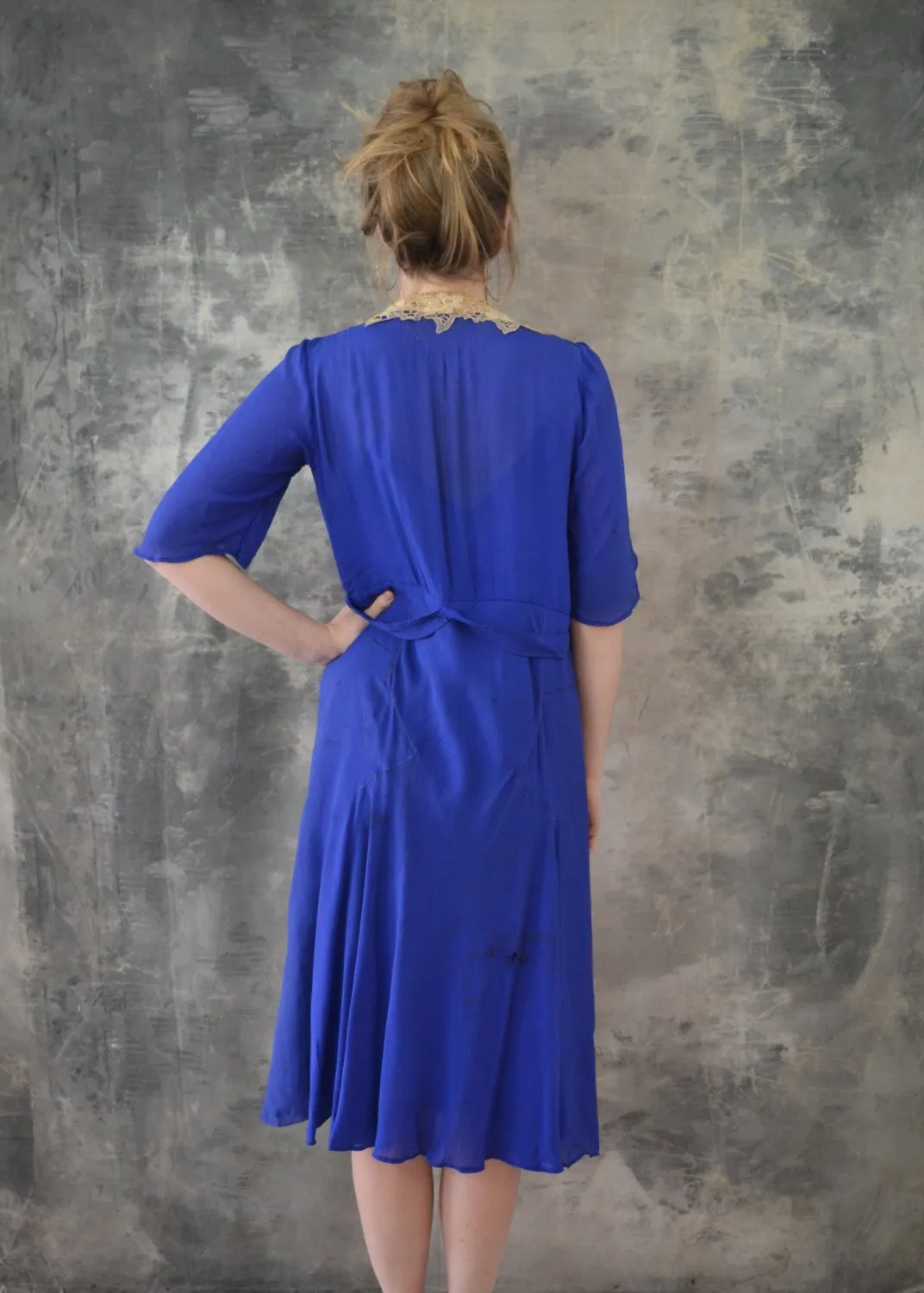 1920s Blue Silk Dress Lace Colla