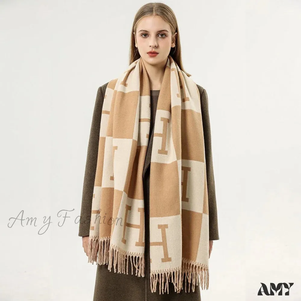 2024 New Faux Cashmere Fringe Warm Double-Sided Cozy Blanket Soft Scarf