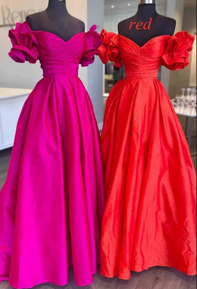 A-Line Ruffle Shoulder Fuchsia Satin Long Prom Dress PC1333