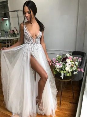 A Line V Neck Backless Beaded Ivory Prom Dresses Wedding Dresses with High Slit, Backless Ivory Formal Dresses, Evening Dresses