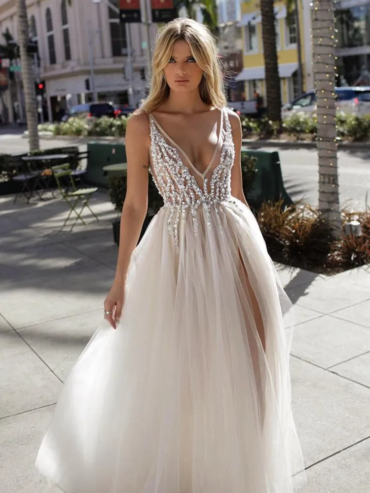 A Line V Neck Backless Beaded Ivory Prom Dresses Wedding Dresses with High Slit, Backless Ivory Formal Dresses, Evening Dresses