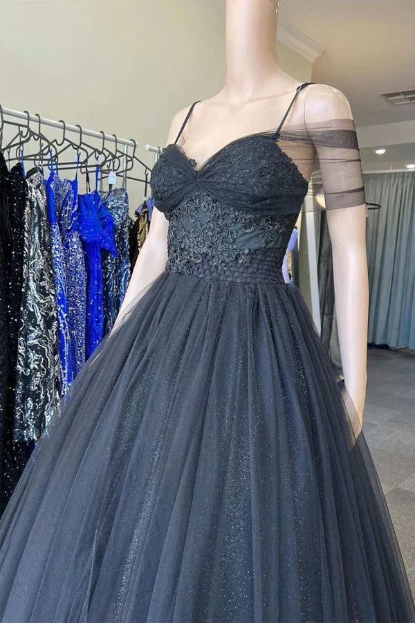 A Line Wedding Dress Princess V Neck Black Tulle Cold-Shoulder Long Prom Gown Formal Dresses   fg3308