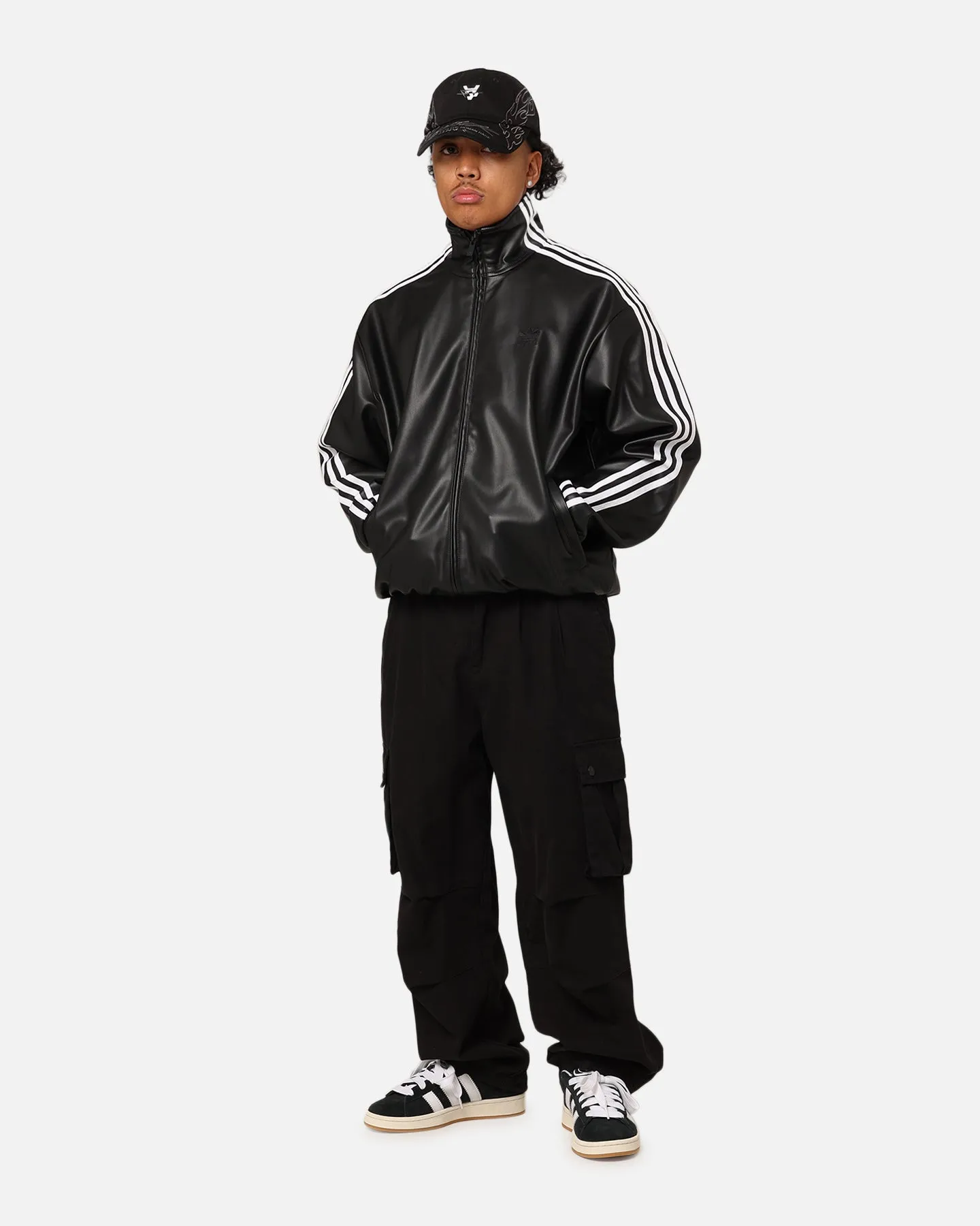 Adidas Faux Leather Adicolour 3-Stripes Loose Firebird Tracksuit Jacket Black