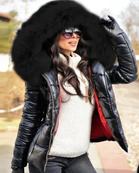 Aofur Womens Winter Puffer Coat Faux Fur Collar Hooded Down Jacket Parka Black Outerwear S-XXXL