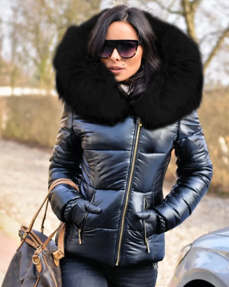 Aofur Womens Winter Puffer Coat Faux Fur Collar Hooded Down Jacket Parka Black Outerwear S-XXXL