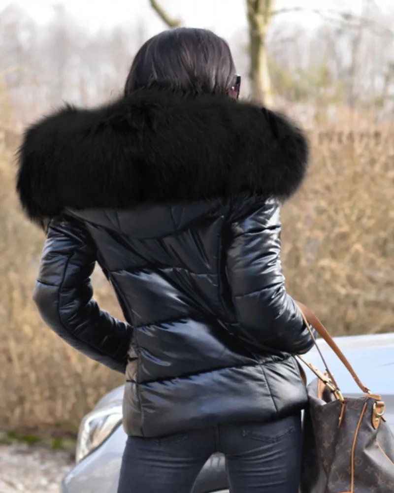 Aofur Womens Winter Puffer Coat Faux Fur Collar Hooded Down Jacket Parka Black Outerwear S-XXXL