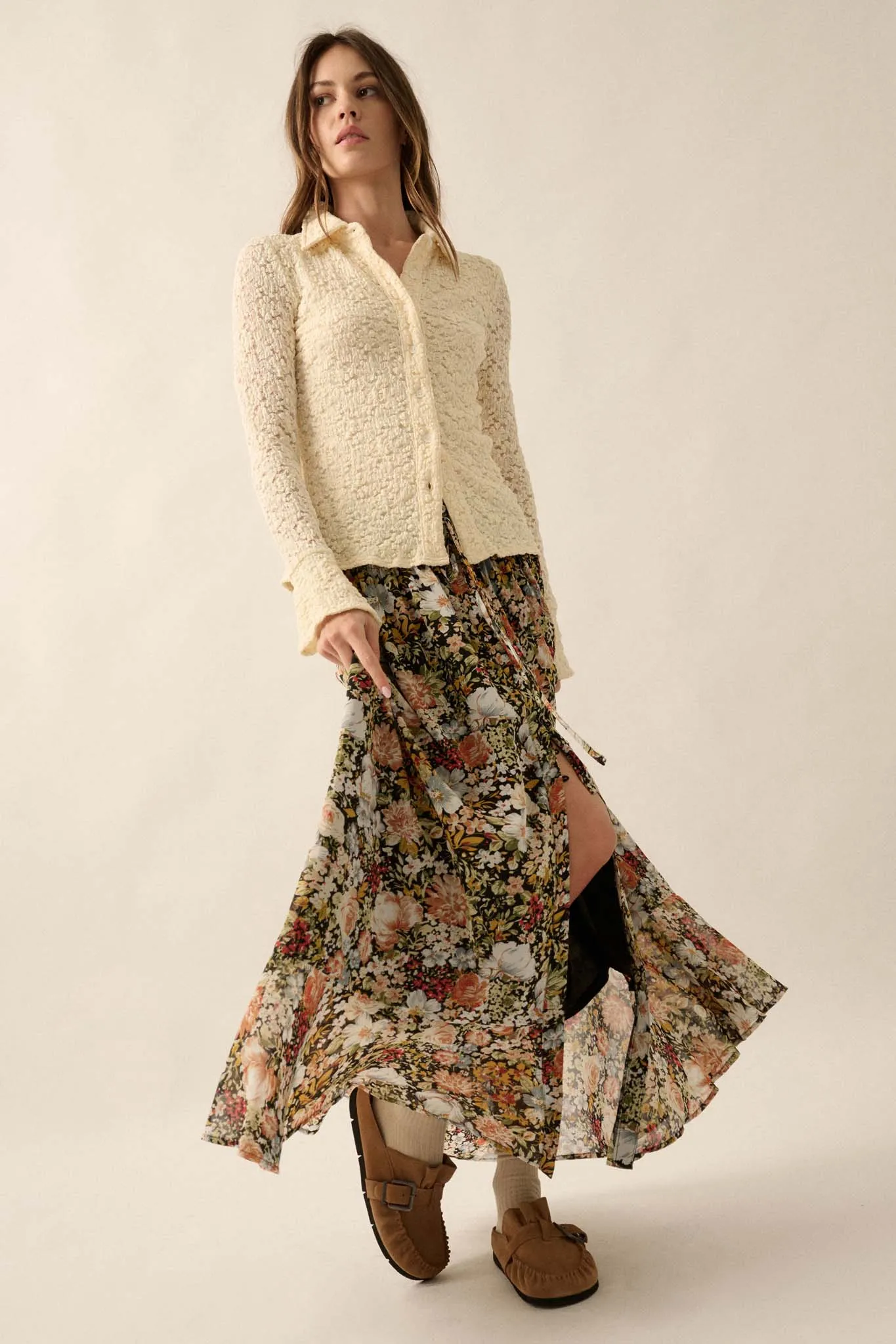 Autumn Bouquet Floral Chiffon Button-Front Maxi Skirt