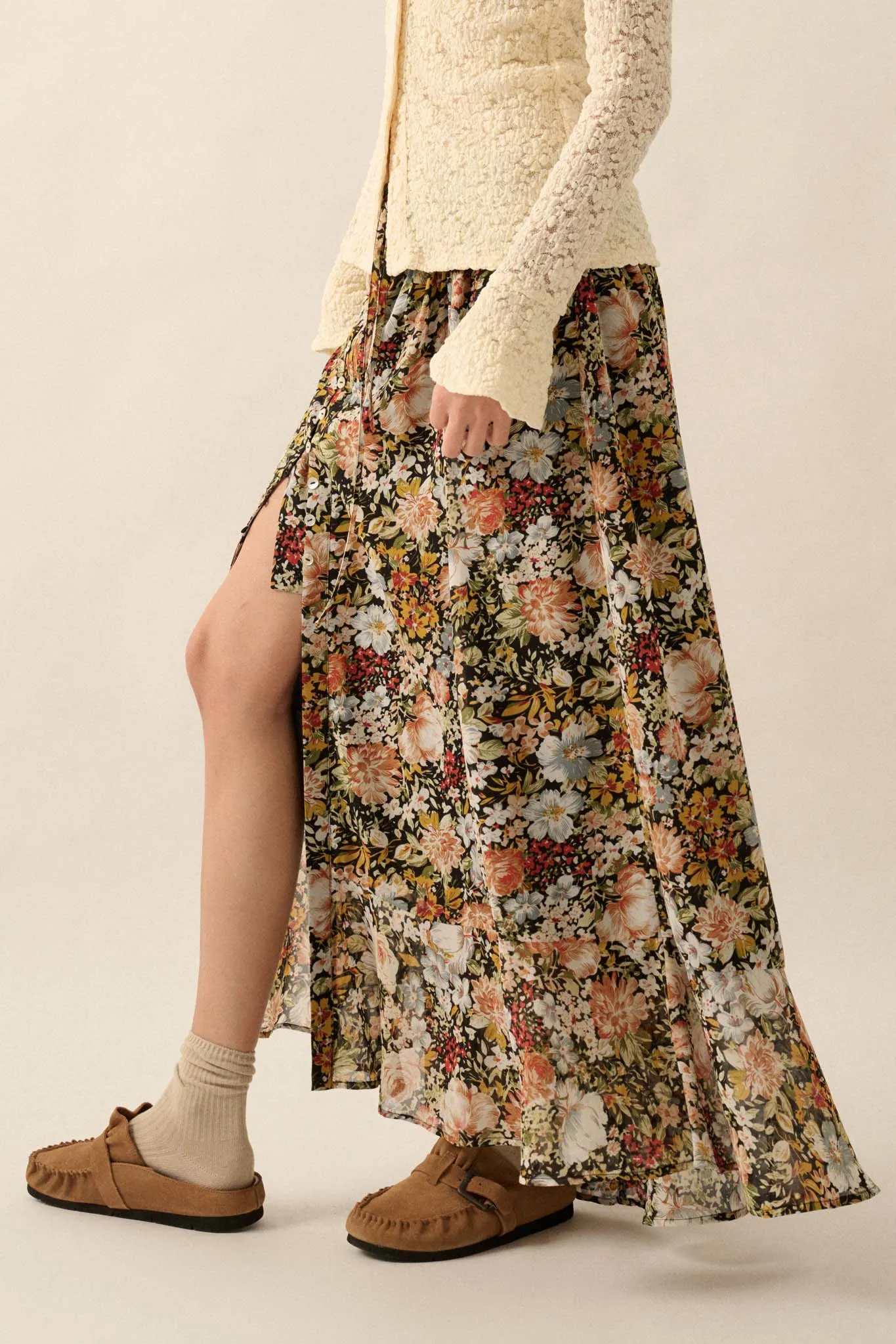 Autumn Bouquet Floral Chiffon Button-Front Maxi Skirt