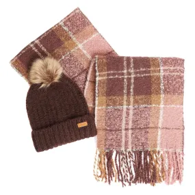 Barbour Womens Saltburn Beanie   Tartan Scarf Gift Set Chocolate