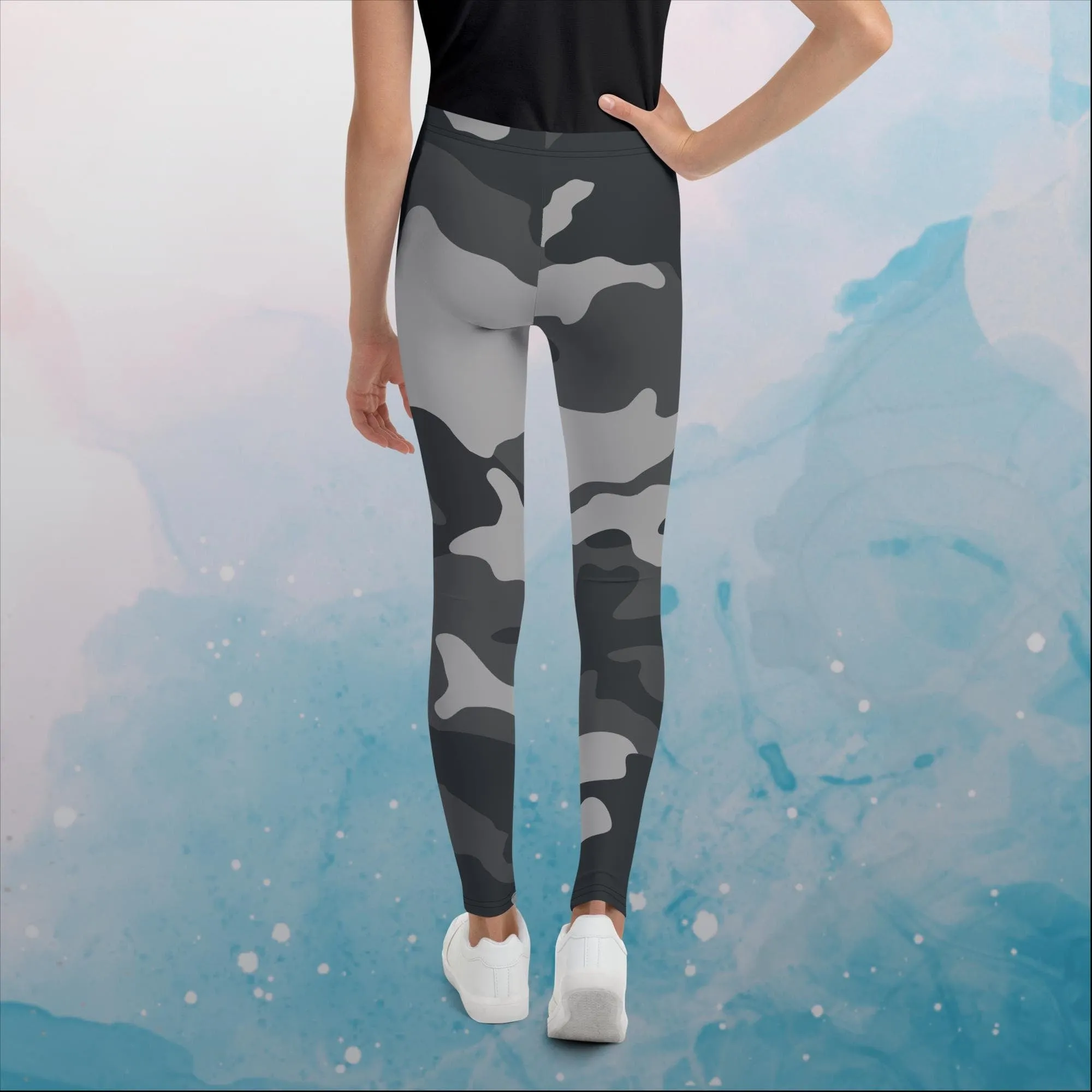 Black and Grey Camo Print Youth Leggings