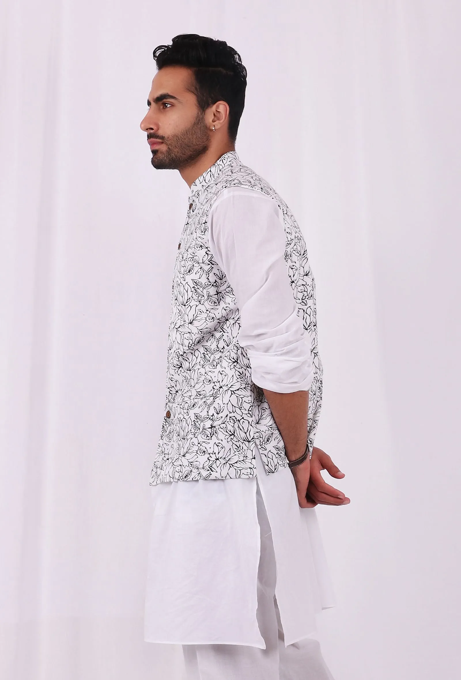 Black and White Floral Hand Block Cotton Nehru Jacket