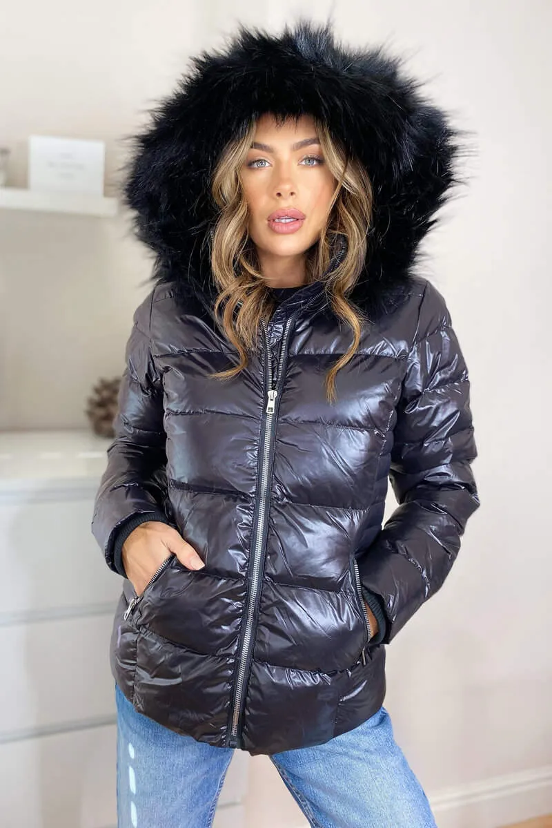 Black Faux Fur Wet Look Coat