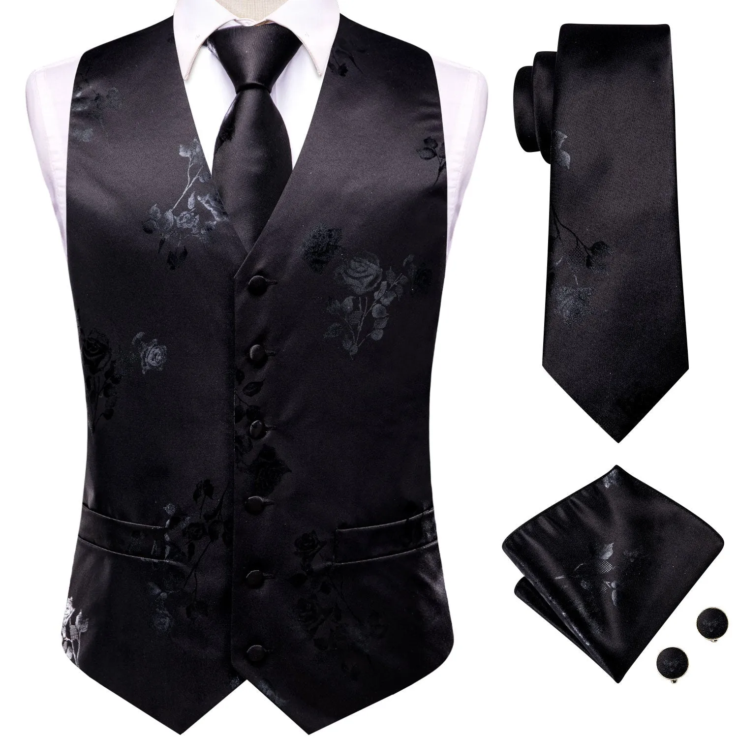 Black Grey Rose Floral Jacquard Silk Men's Vest Hanky Cufflinks Tie Set