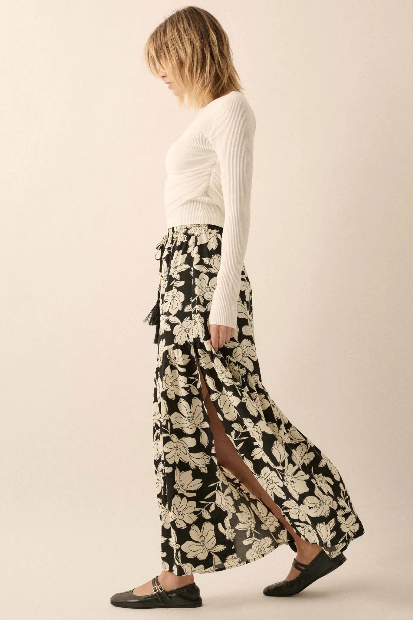 Black Orchid Floral-Print Asymmetrical Maxi Skirt