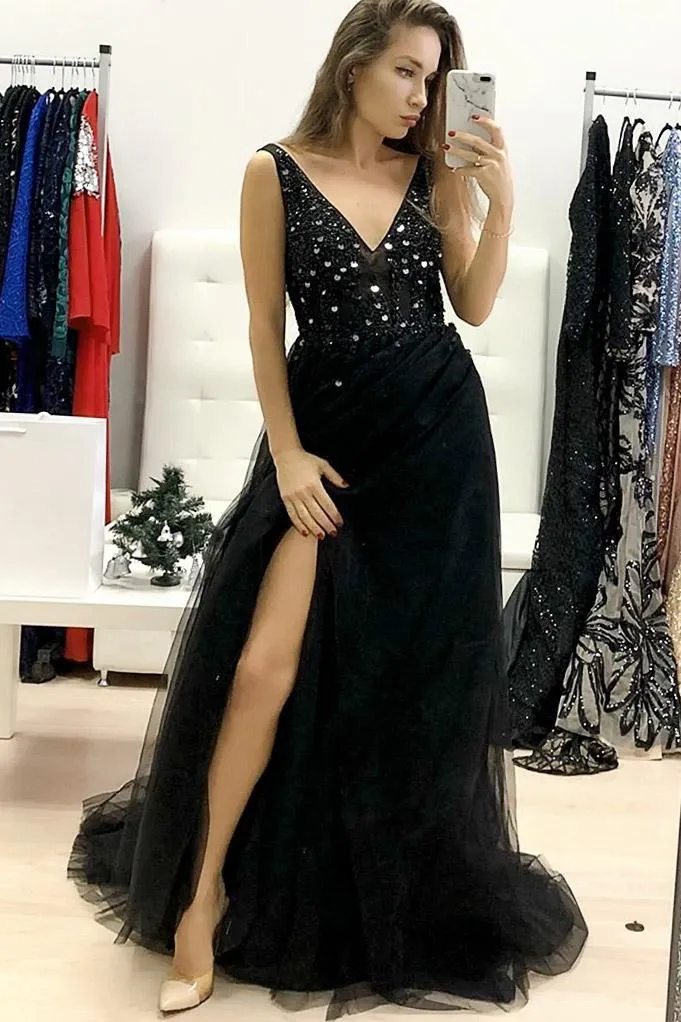 Black Prom Dresses with Slit, Evening Dress ,Winter Formal Dress, Pageant Dance Dresses, Graduation School Party Gown, PC0207