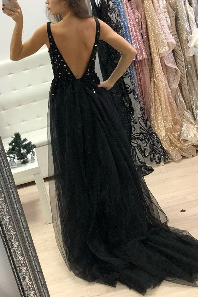 Black Prom Dresses with Slit, Evening Dress ,Winter Formal Dress, Pageant Dance Dresses, Graduation School Party Gown, PC0207