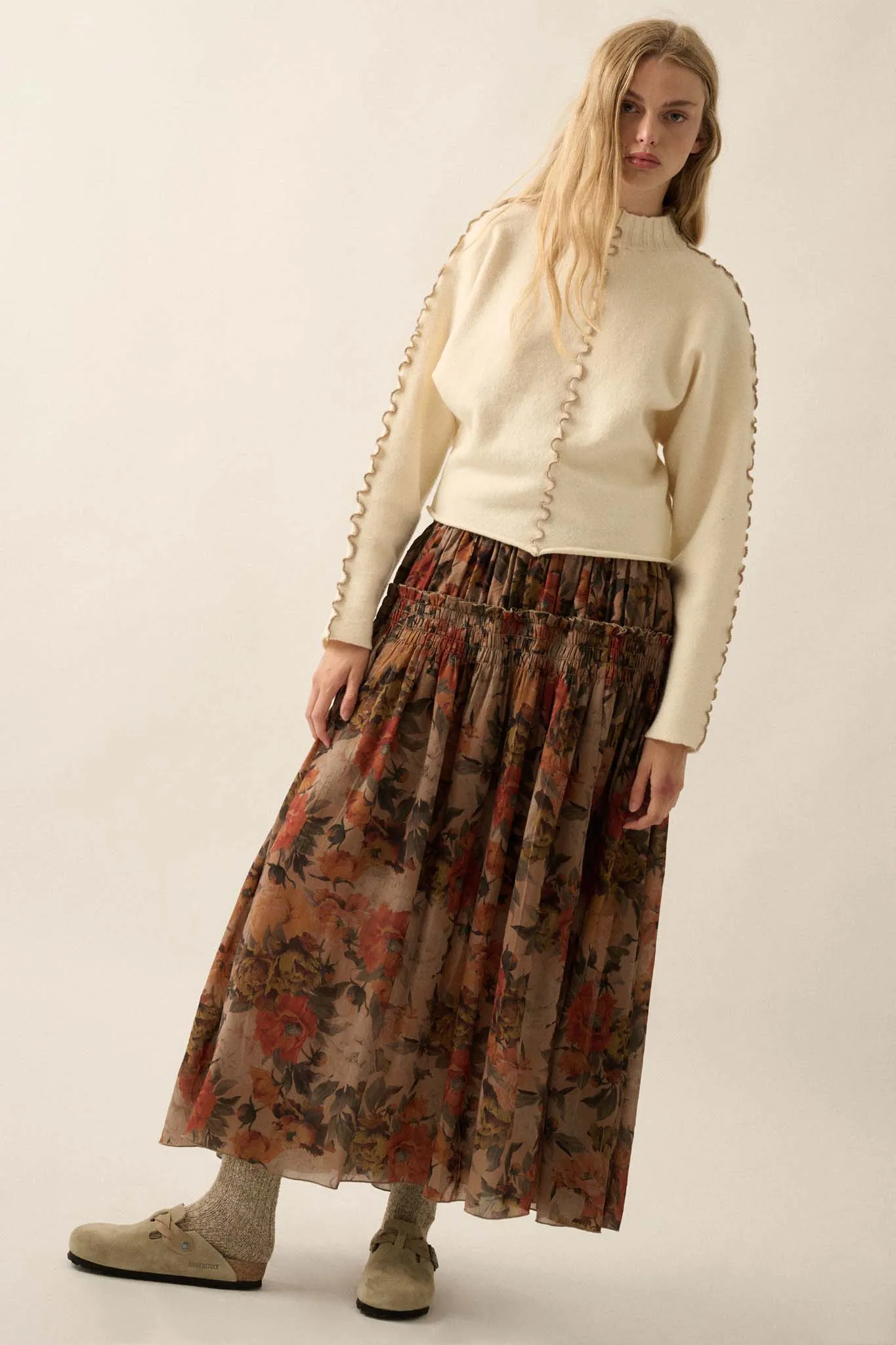 Blossoms Twirl Smocked Floral Maxi Skirt