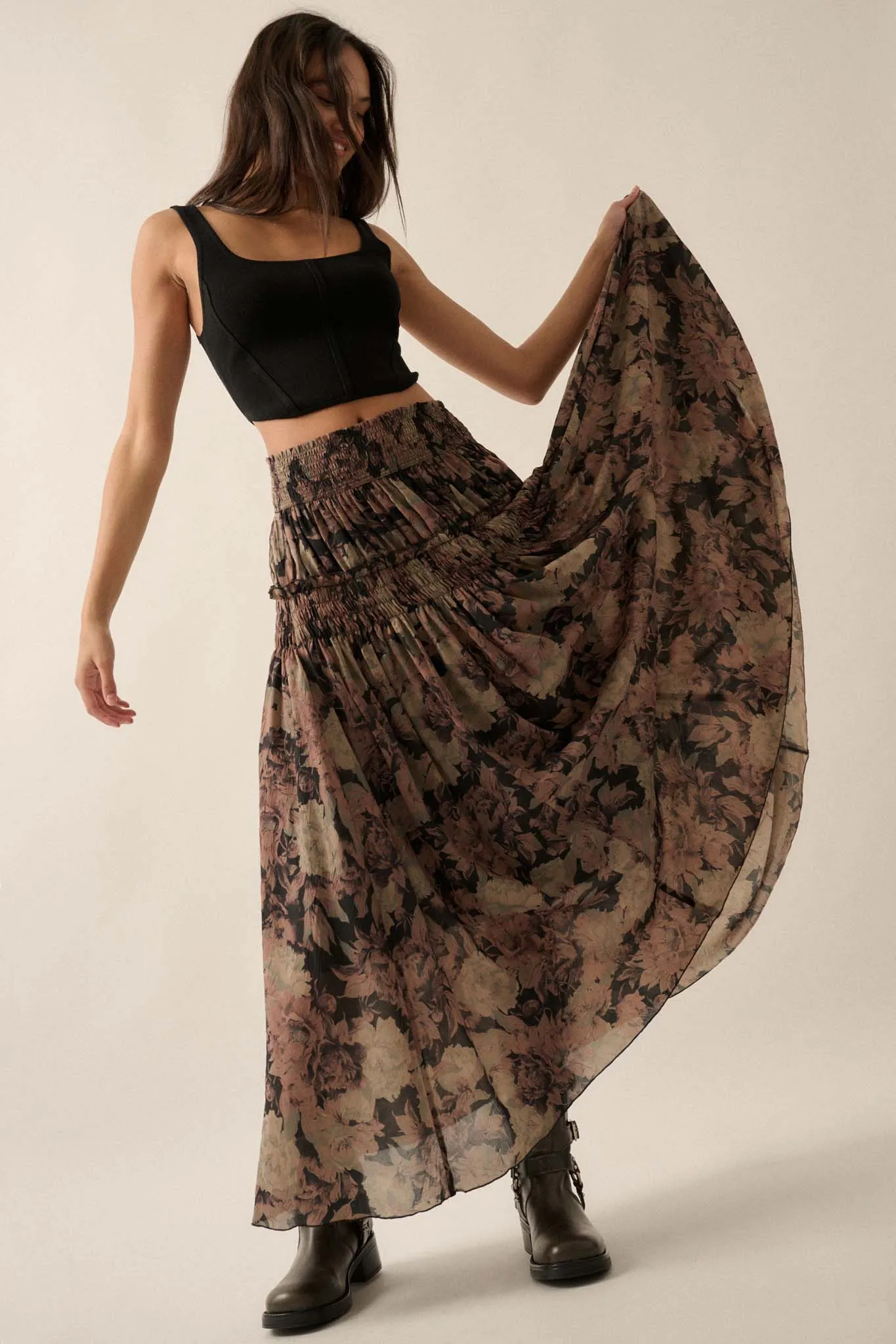 Blossoms Twirl Smocked Floral Maxi Skirt