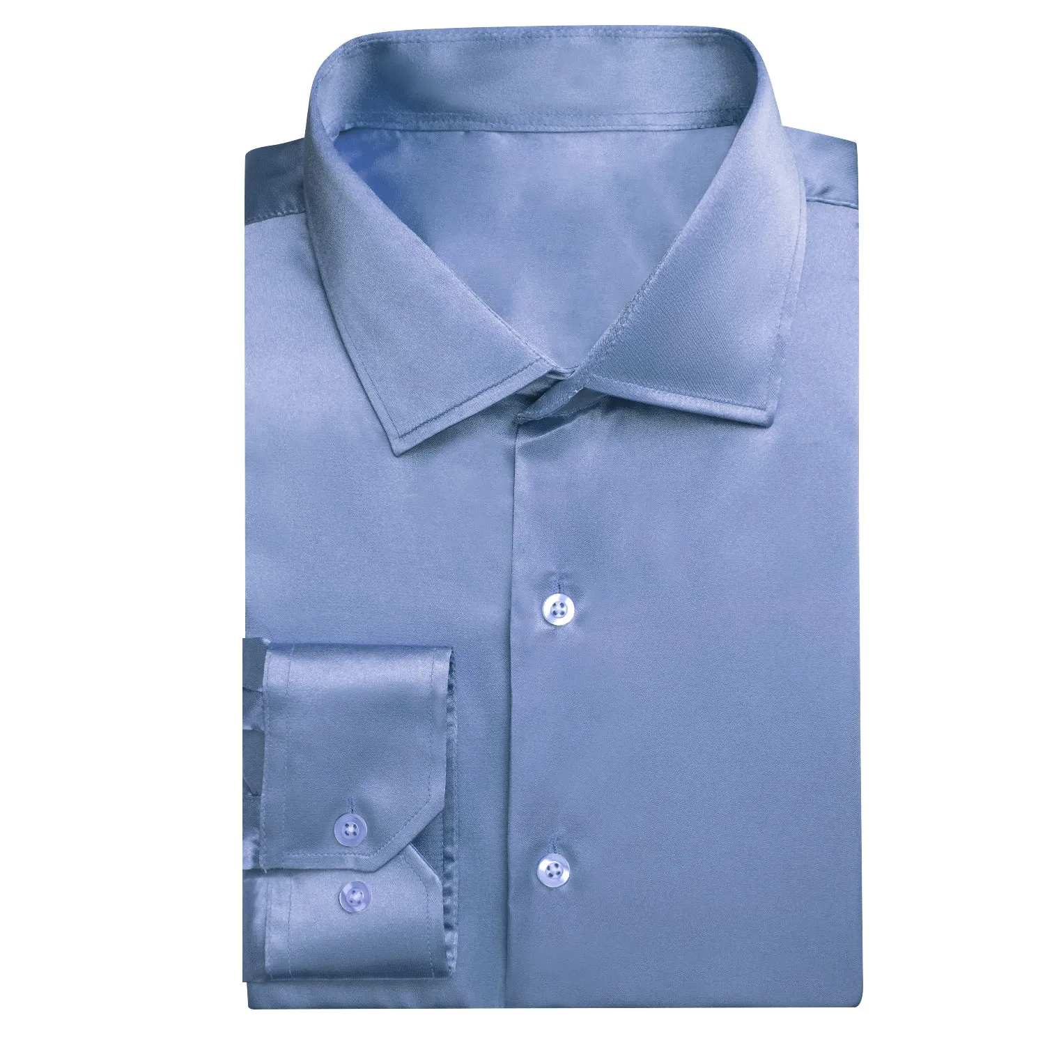 Blue Solid Satin Silk Men's Long Sleeve Dress Shirt