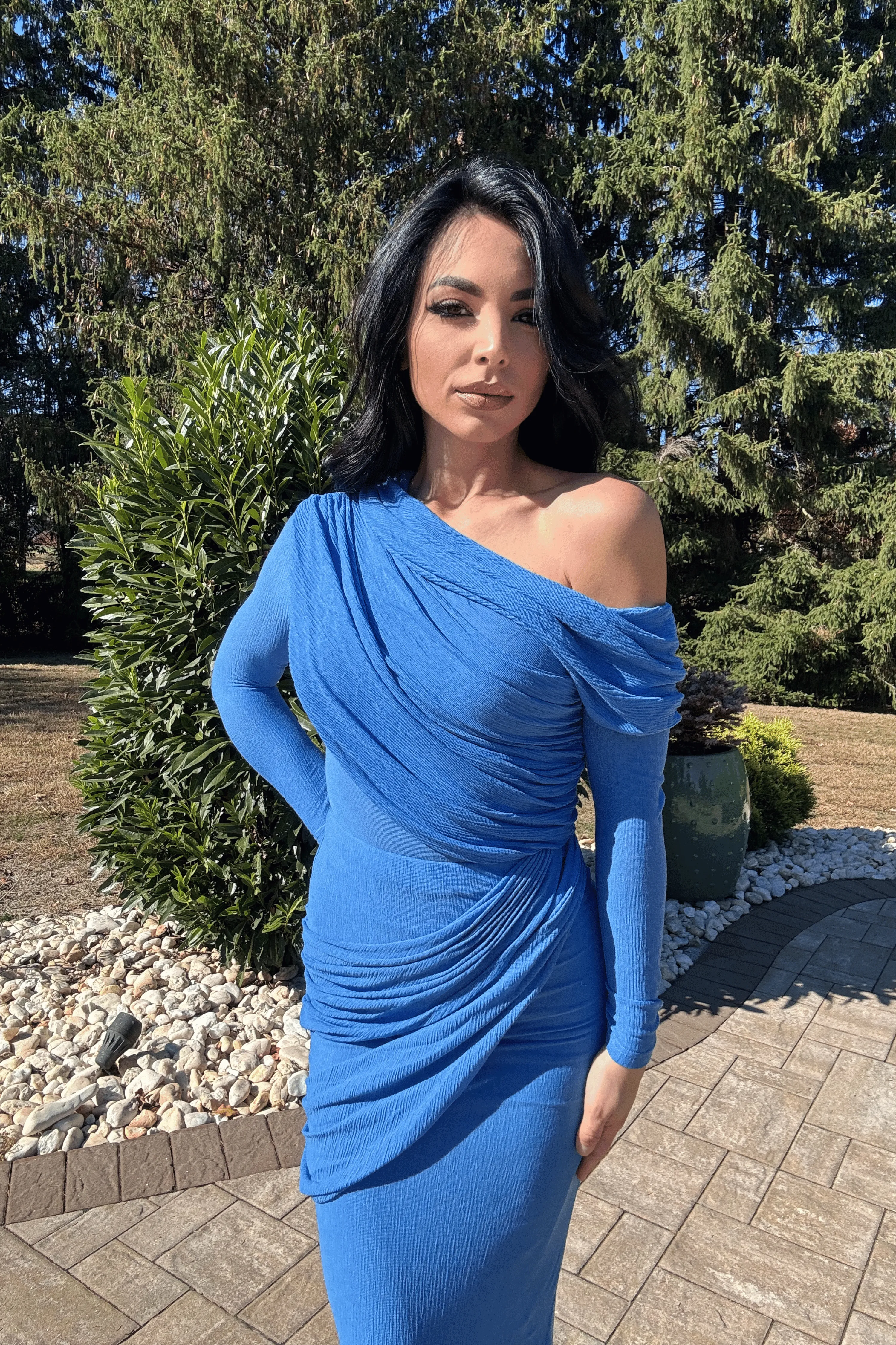 Blue Textured One Shoulder Bodysuit