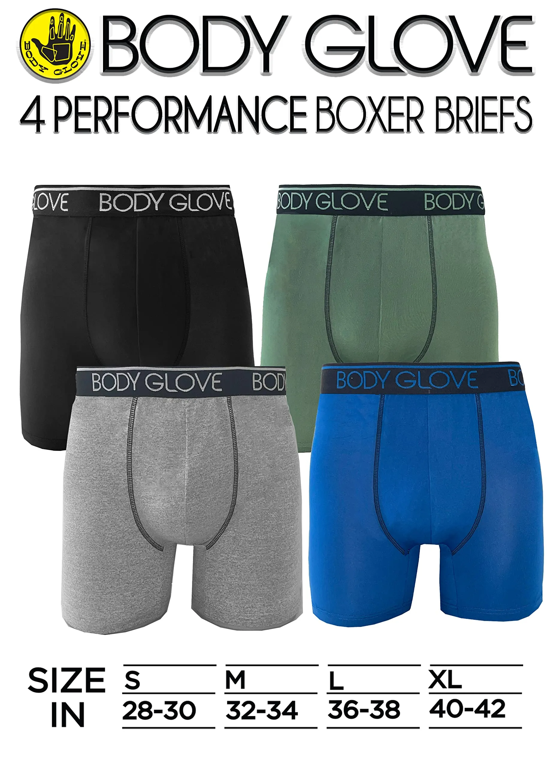 Body Glove Mens Boxer Briefs, Dry Fit Performance Underwear, Breathable Athletic Sport Stretch Boxers, 4 Multicolor Pack/L