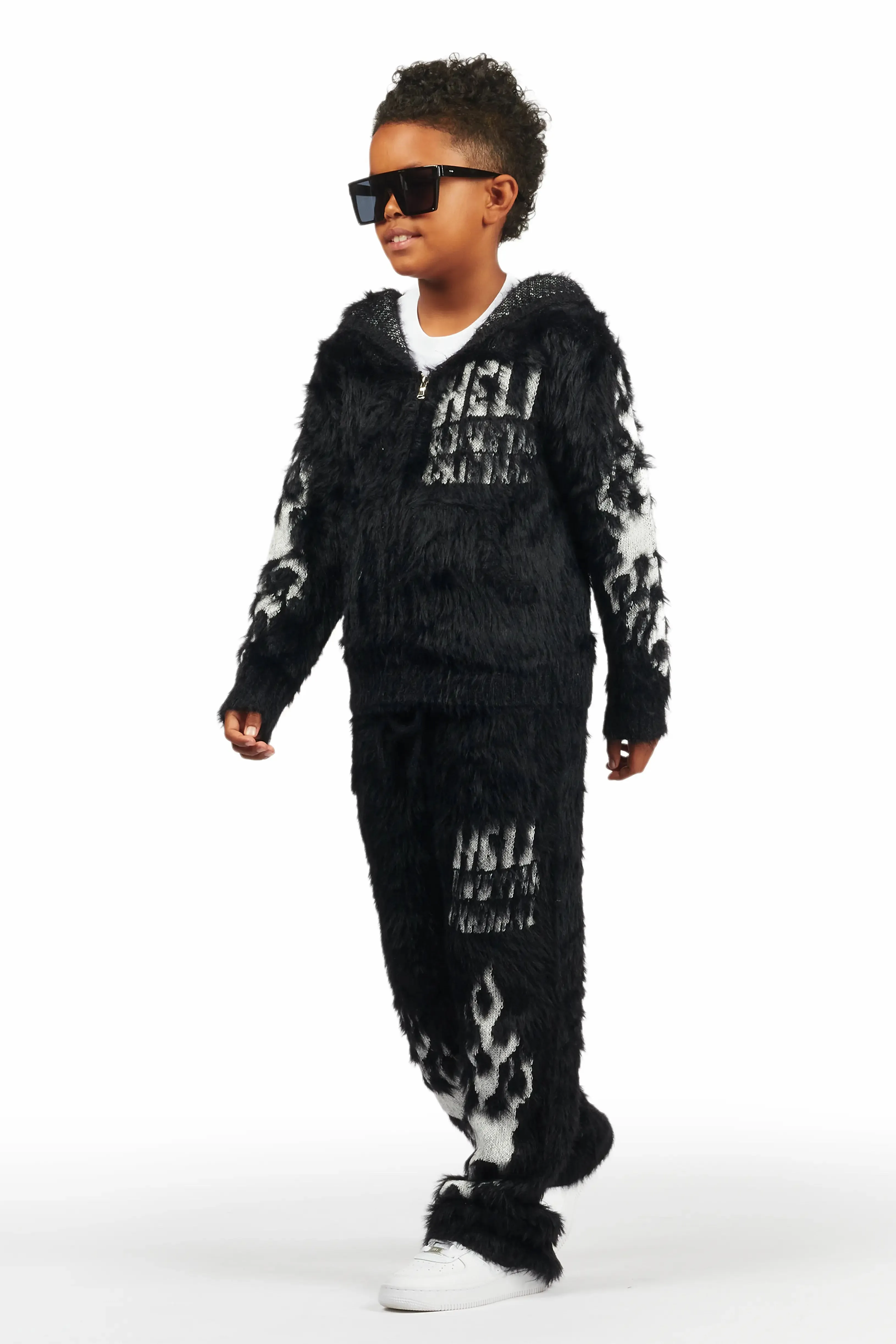 Boys Toshio Black Stacked Flare Knitted Mohair Track Set