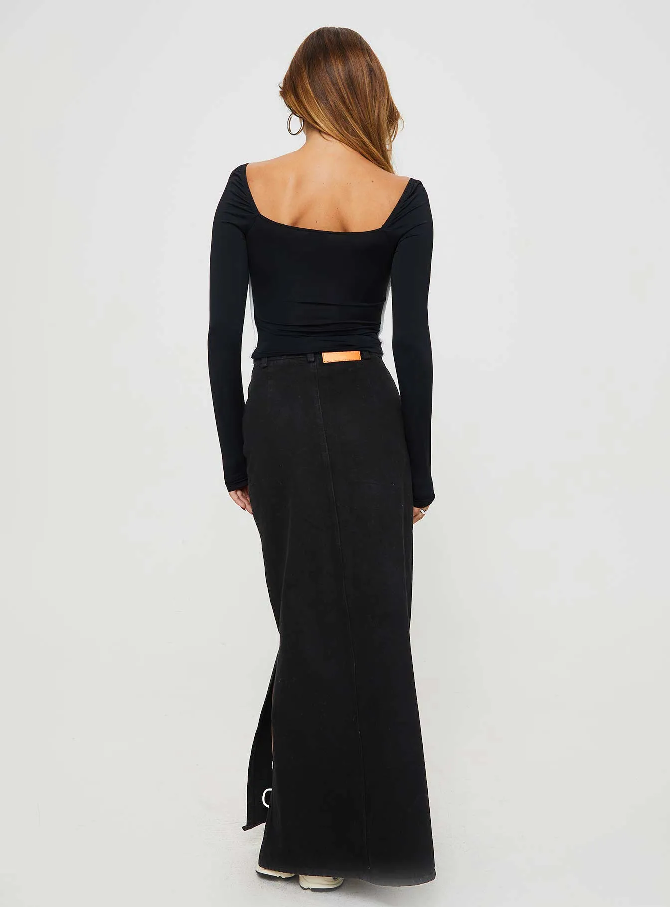 Brandee Tie Front Denim Maxi Skirt Black Wash