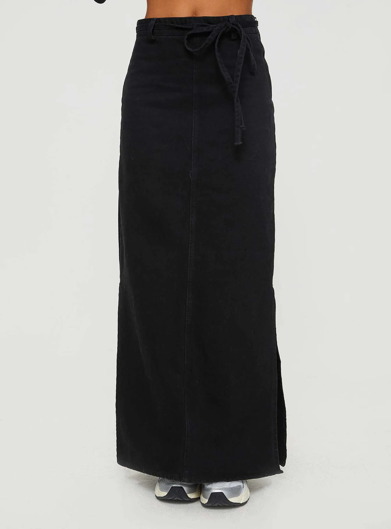 Brandee Tie Front Denim Maxi Skirt Black Wash