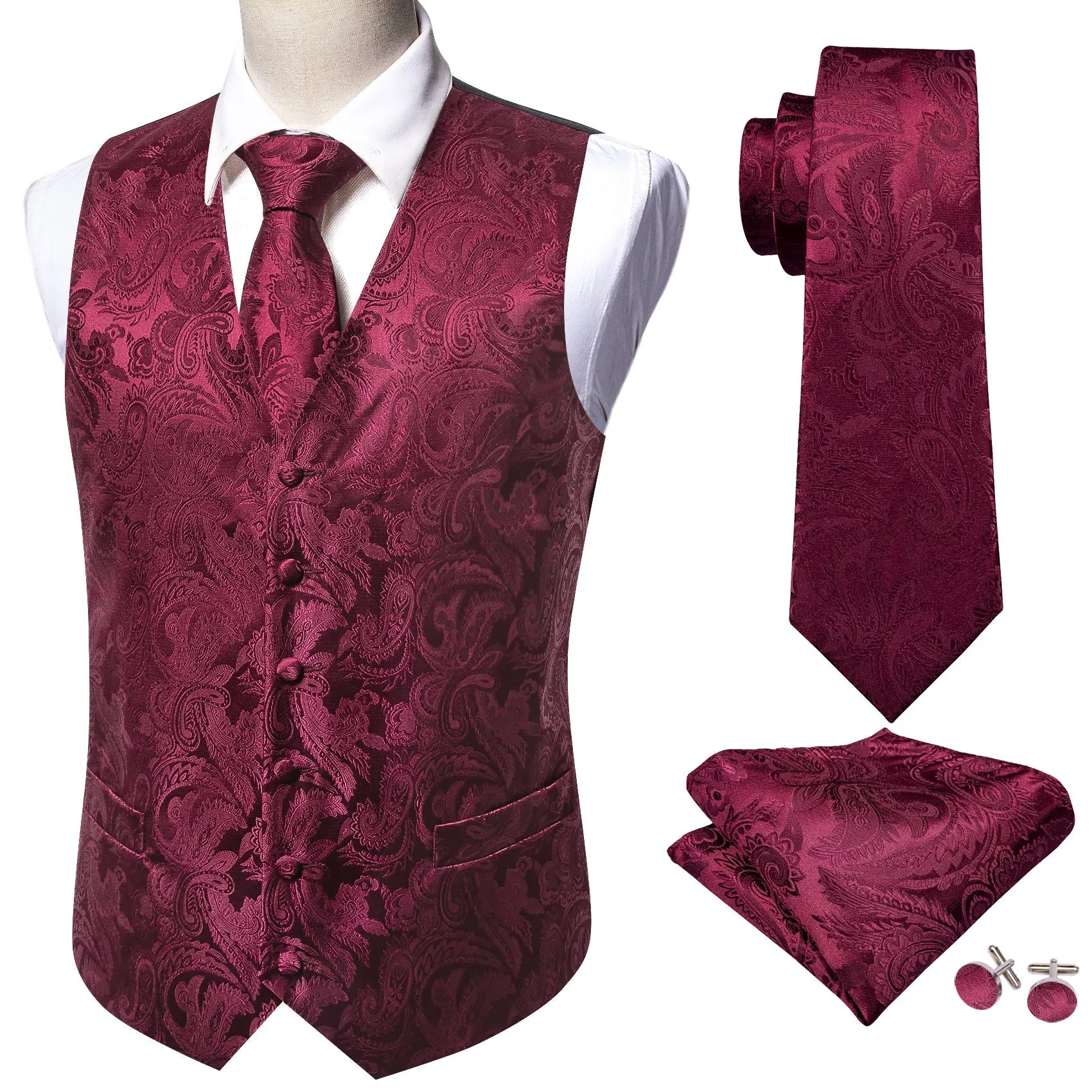 Burgundy Red Paisley Jacquard Silk Men's Vest Hanky Cufflinks Tie Set