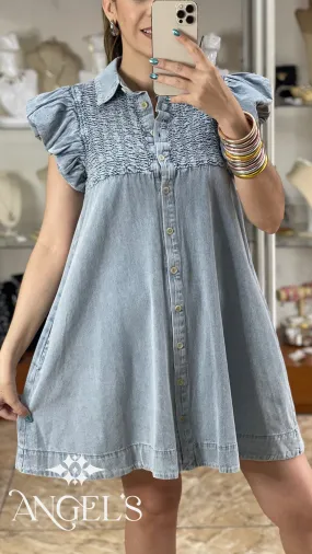 Button Down Ruffle Sleeve Denim Dress