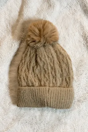 Cable Knit Taupe Cuffed Beanie