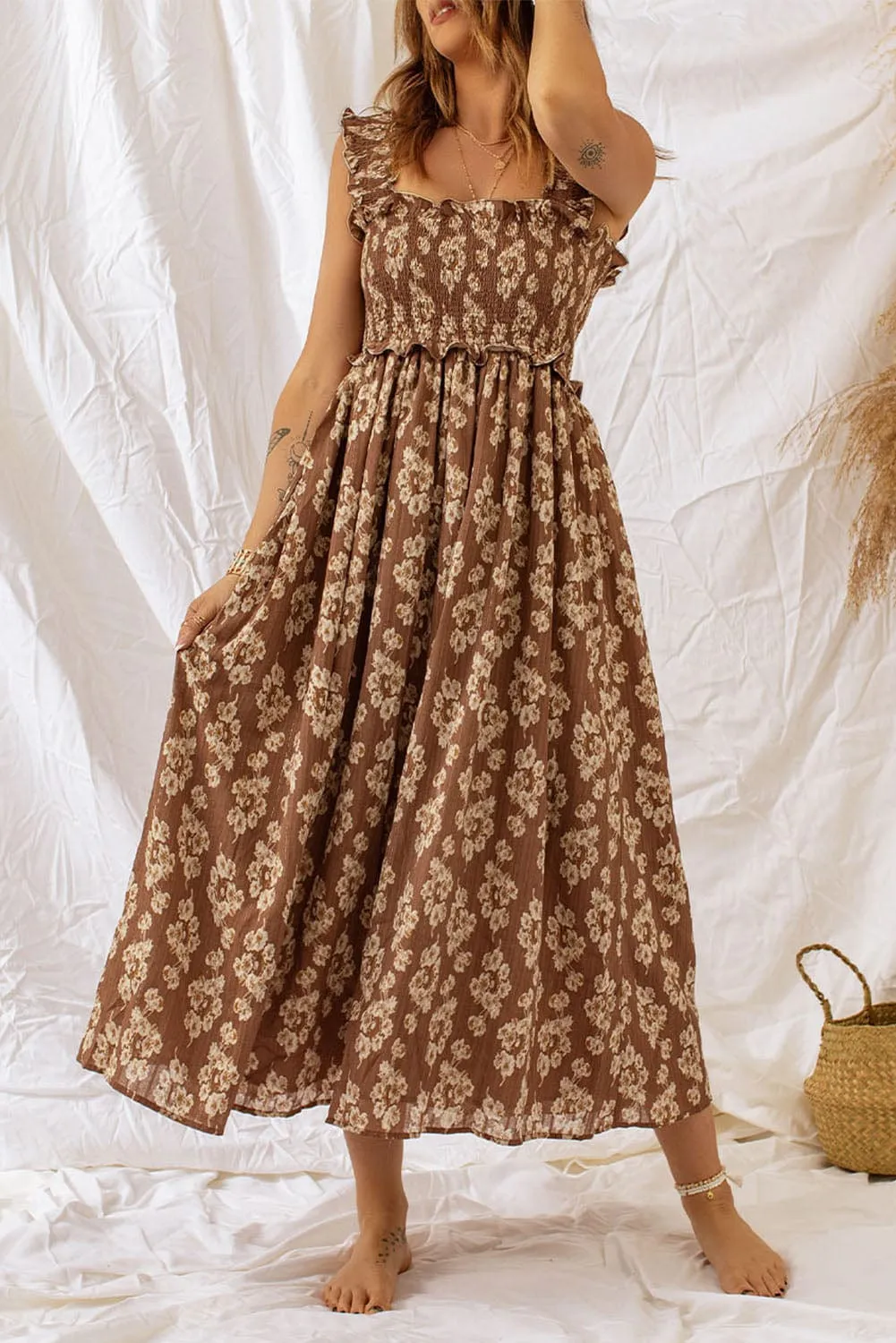 Casual Brown Floral Dress with Smocked Waistband