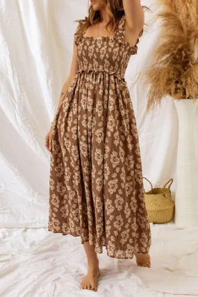 Casual Brown Floral Dress with Smocked Waistband