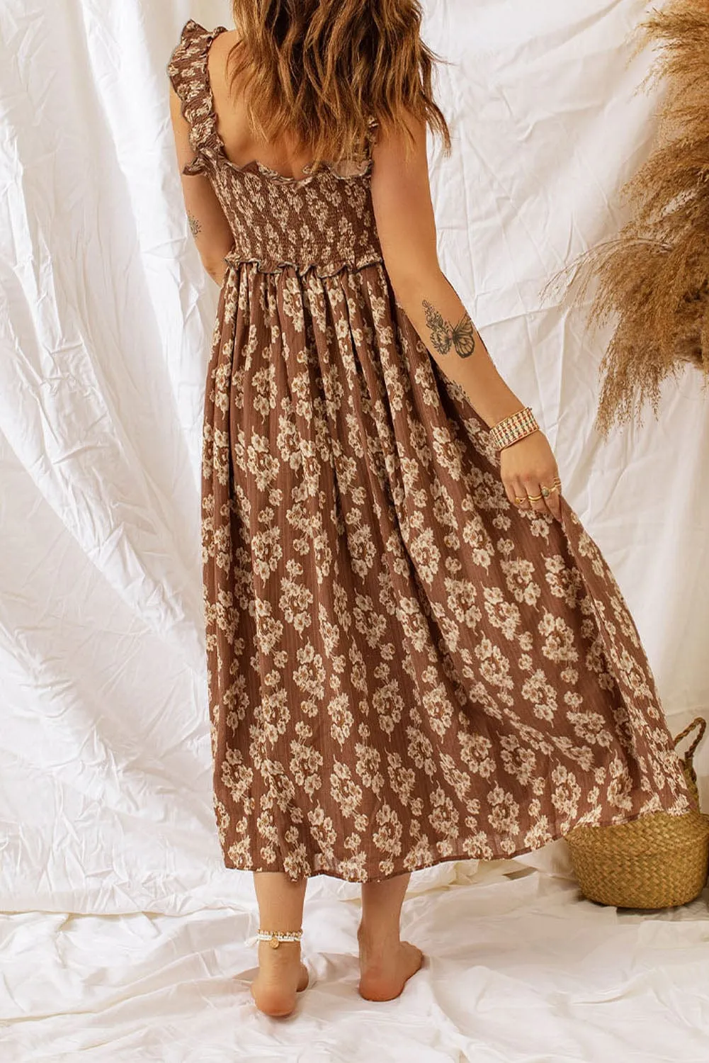 Casual Brown Floral Dress with Smocked Waistband