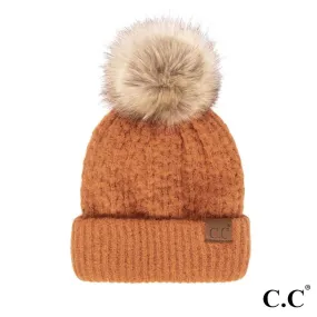 CC Smocking Stitch Pattern Beanie with Faux Fur Pom - Light Cinnamon