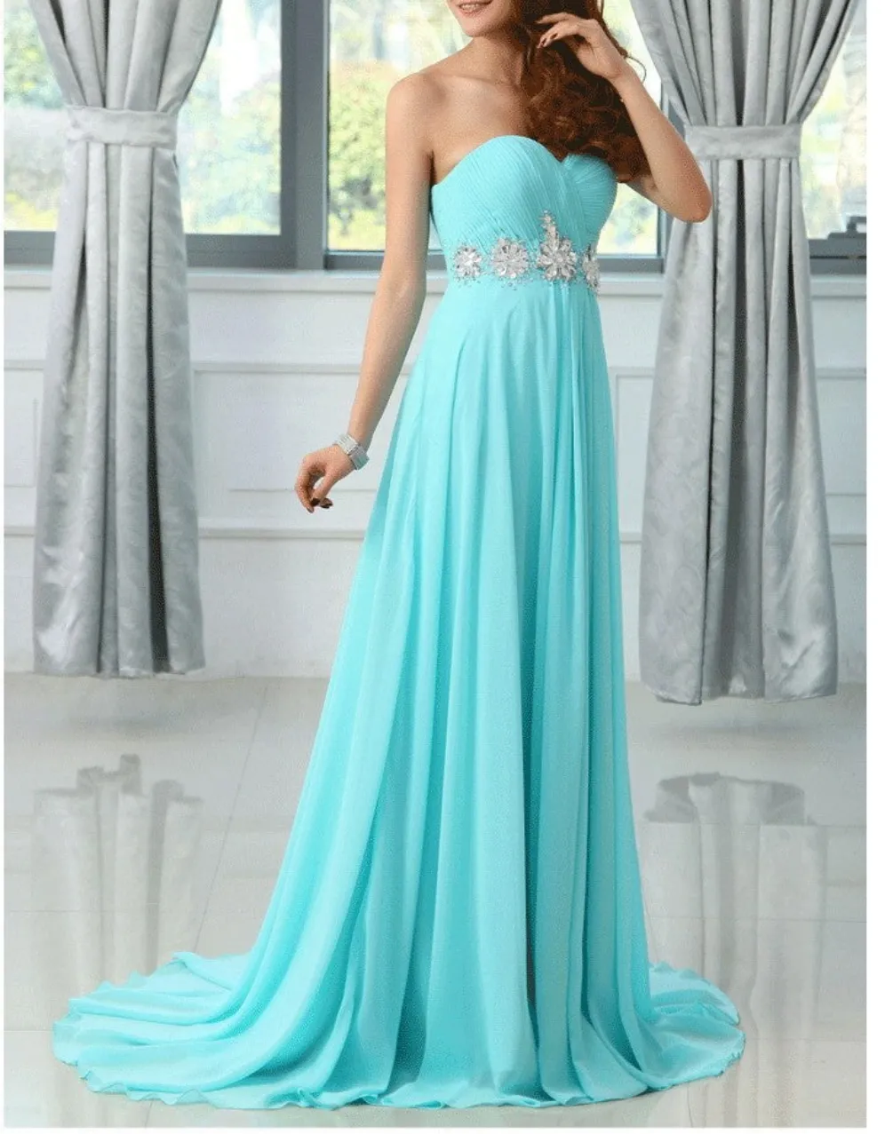 Chiffon turquoise colored  bridesmaid dress at Bling Brides Bouquet