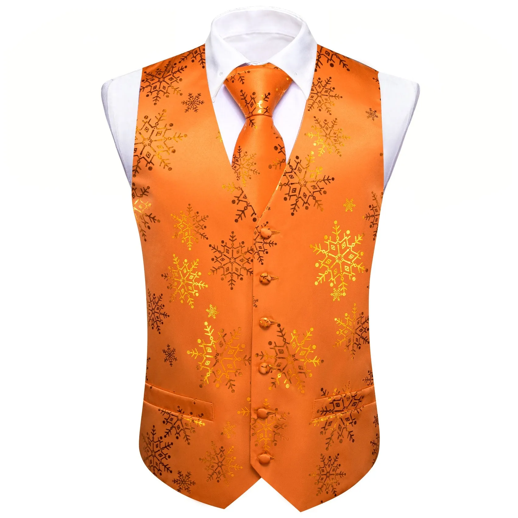 Christmas Orange Gold Snowflake Silk Men's Vest Hanky Cufflinks Tie Set