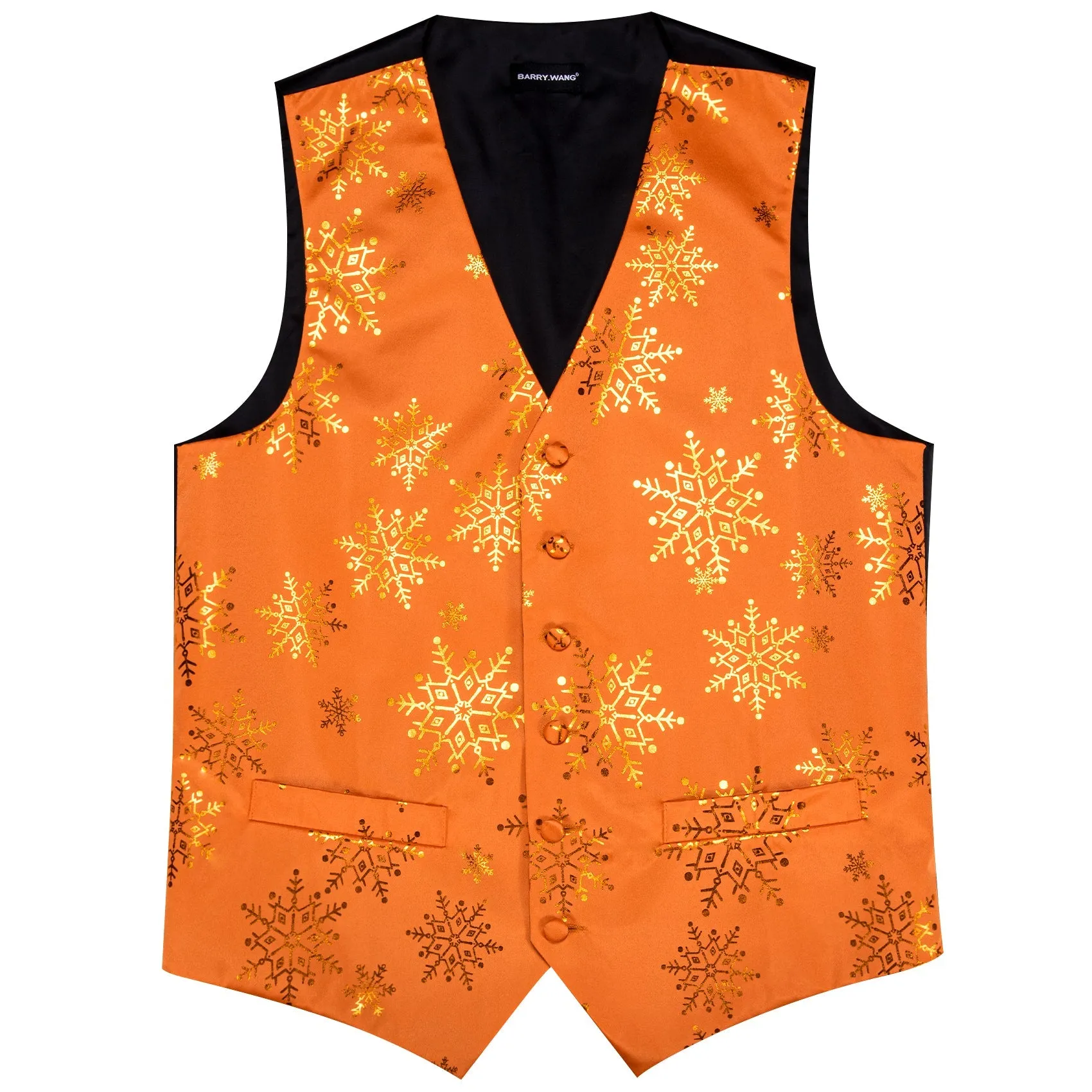 Christmas Orange Gold Snowflake Silk Men's Vest Hanky Cufflinks Tie Set