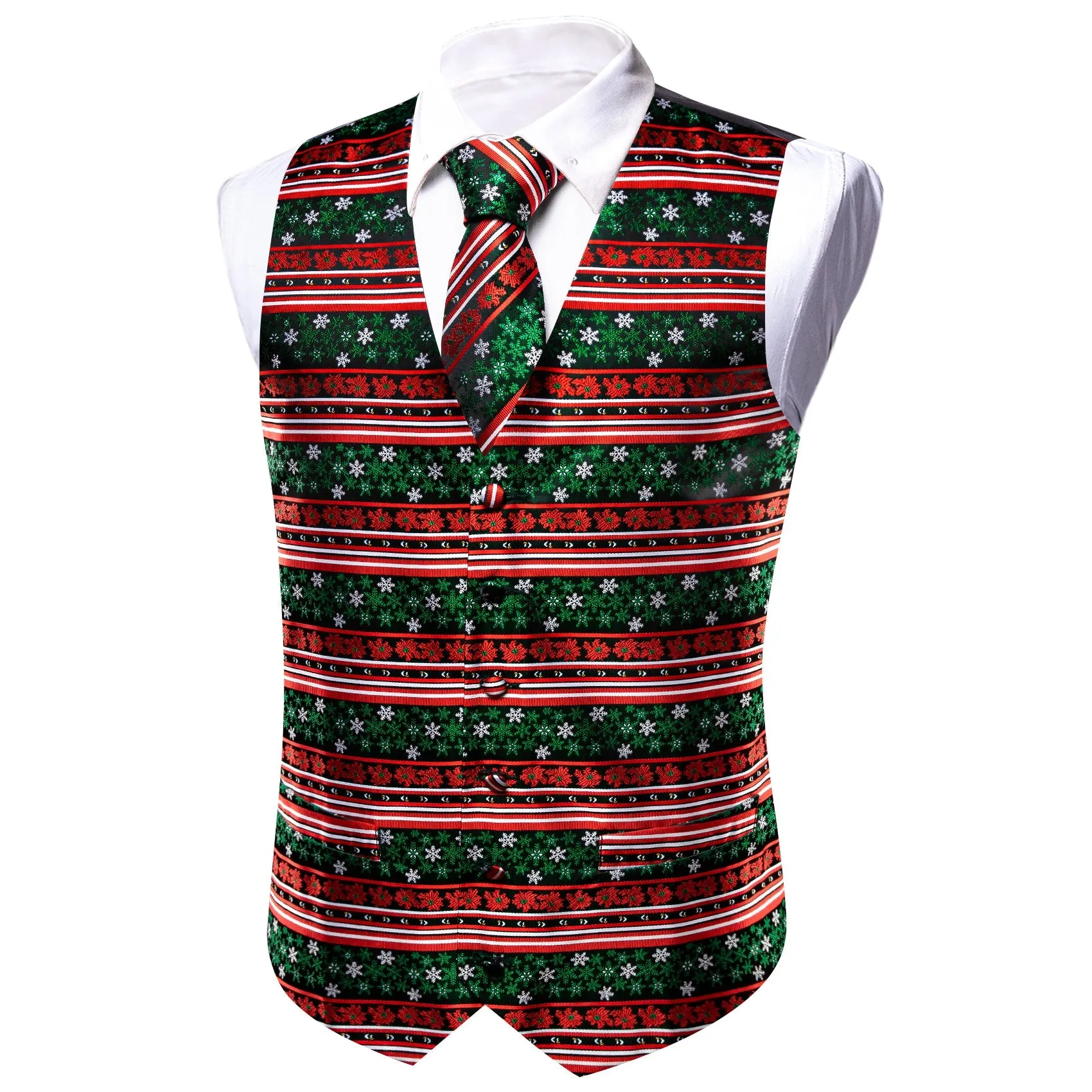 Christmas Red Green White Snowflake Silk Men's Vest Hanky Cufflinks Tie Set