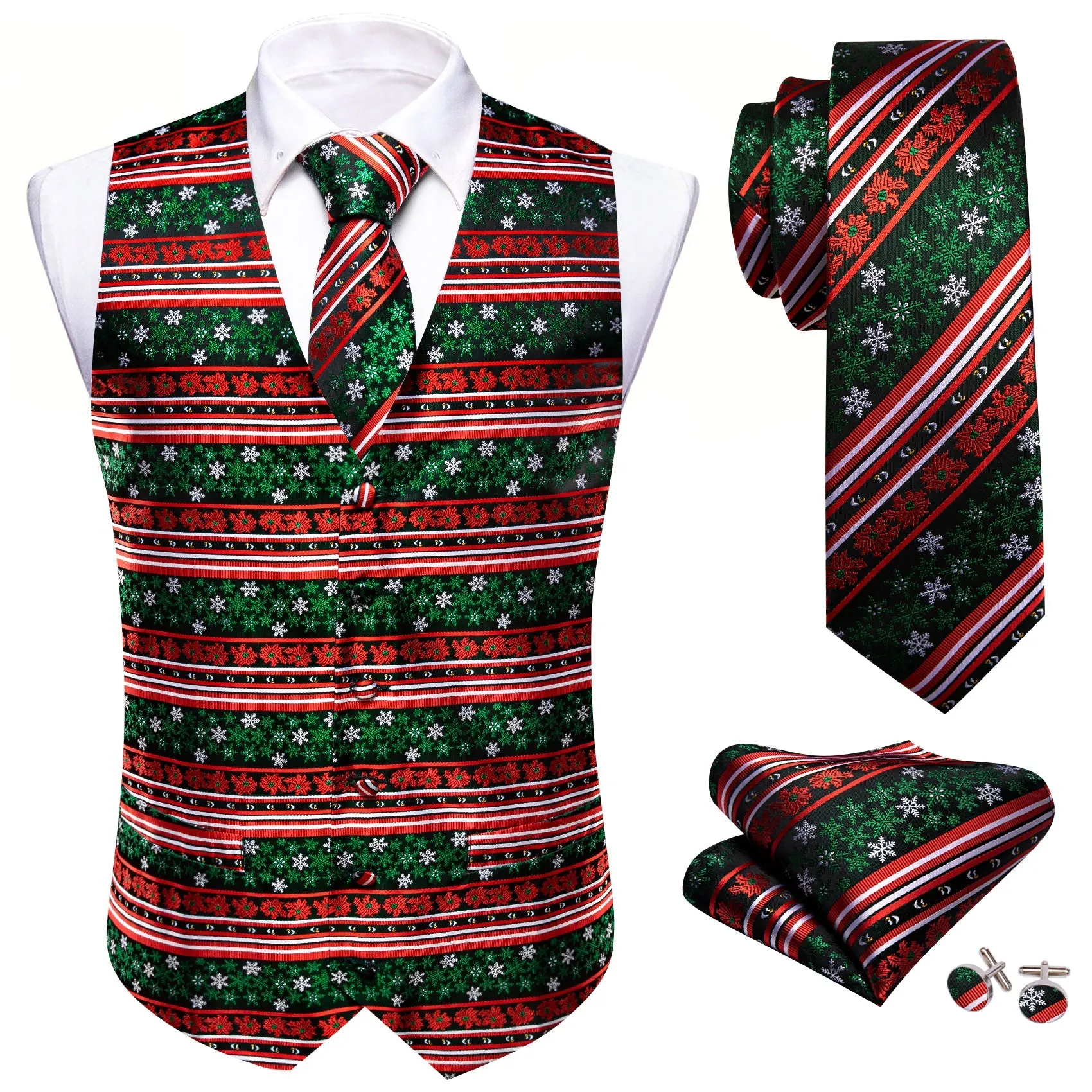 Christmas Red Green White Snowflake Silk Men's Vest Hanky Cufflinks Tie Set