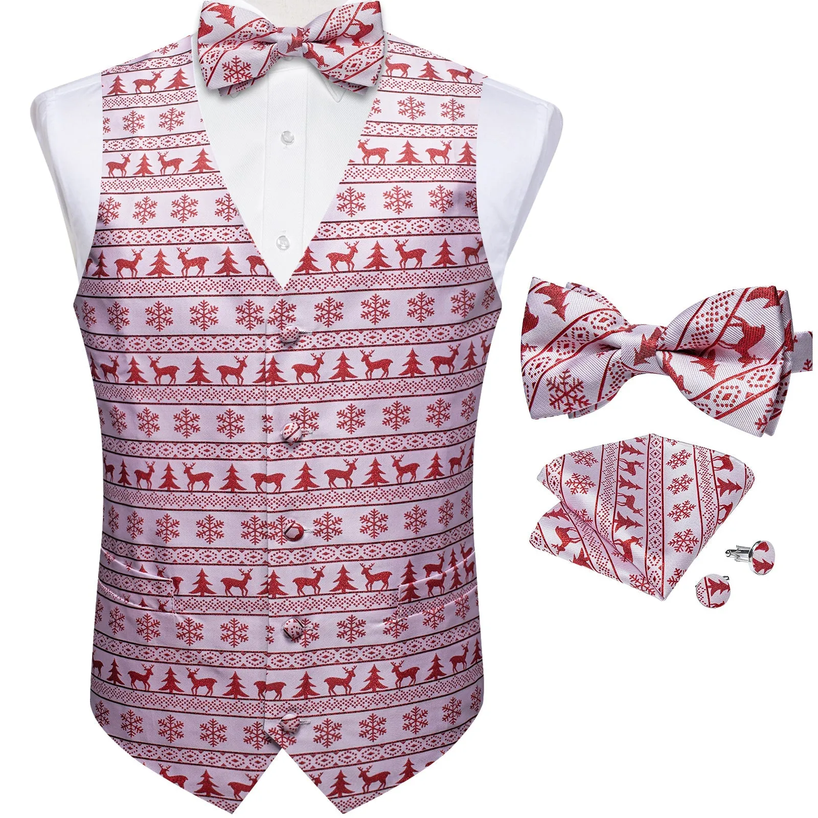 Christmas White Red Deer Novelty Men's Vest Bow Tie Set