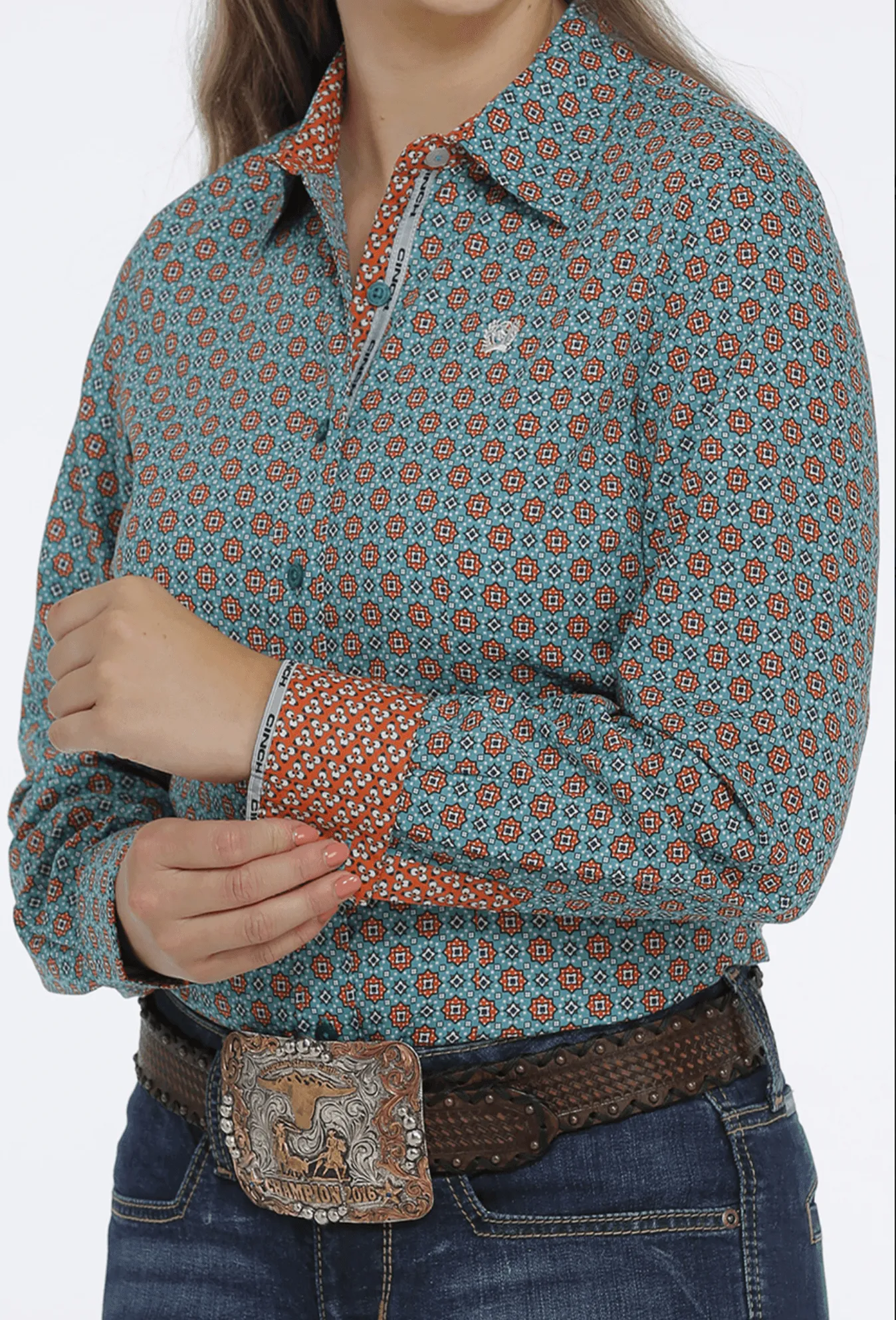 Cinch Women's Teal & Orange Geo Print Button Up Western Shirt MSW9165024