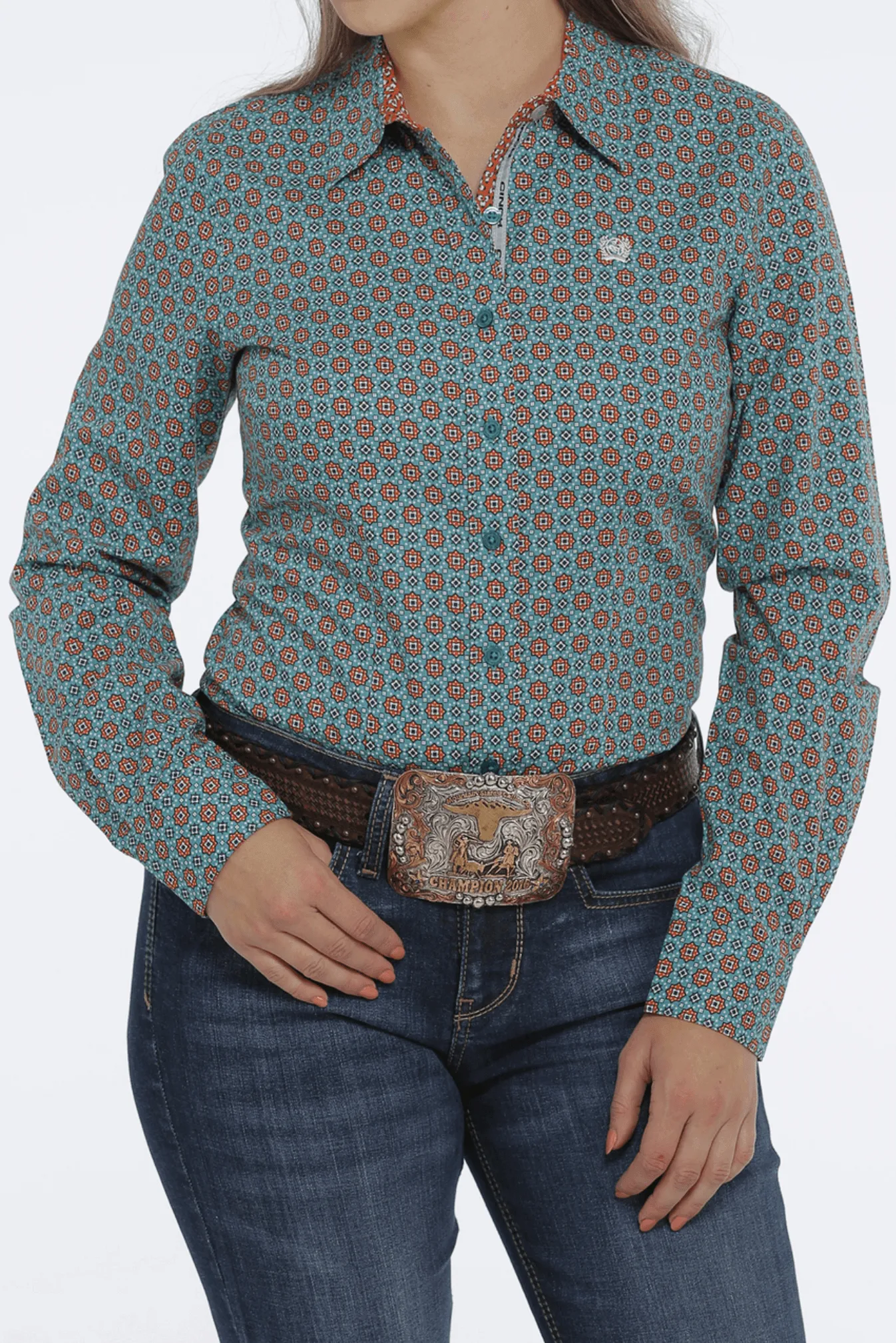 Cinch Women's Teal & Orange Geo Print Button Up Western Shirt MSW9165024