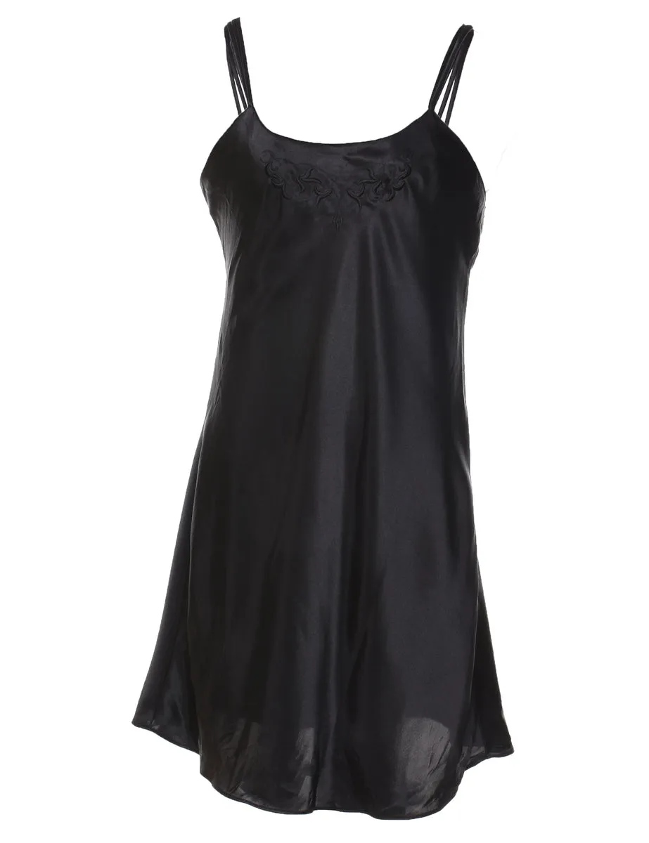 Classic Black Silky Embroidered Slip Dress - M