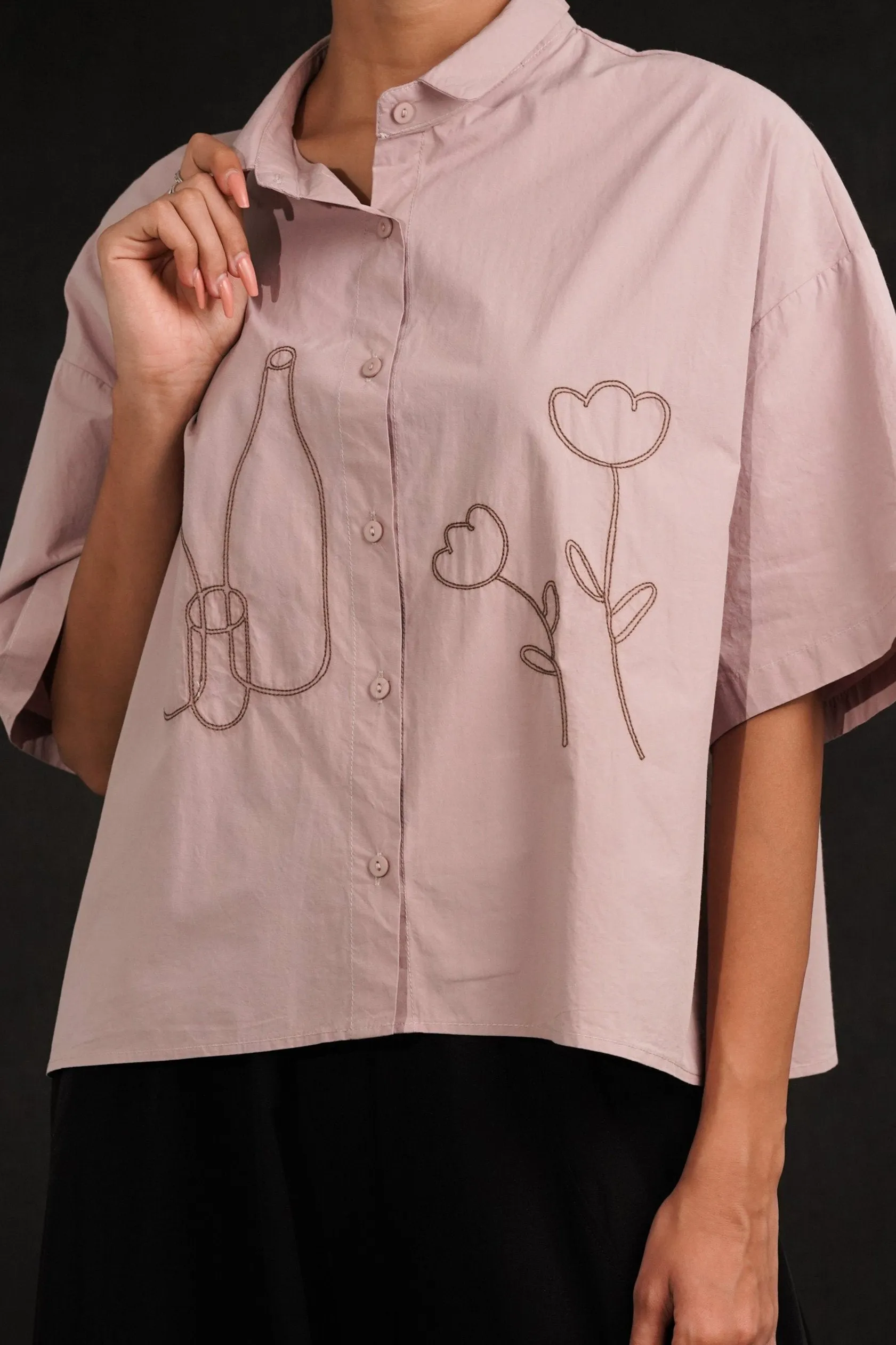 Cotton Shirt With Line Embroidery