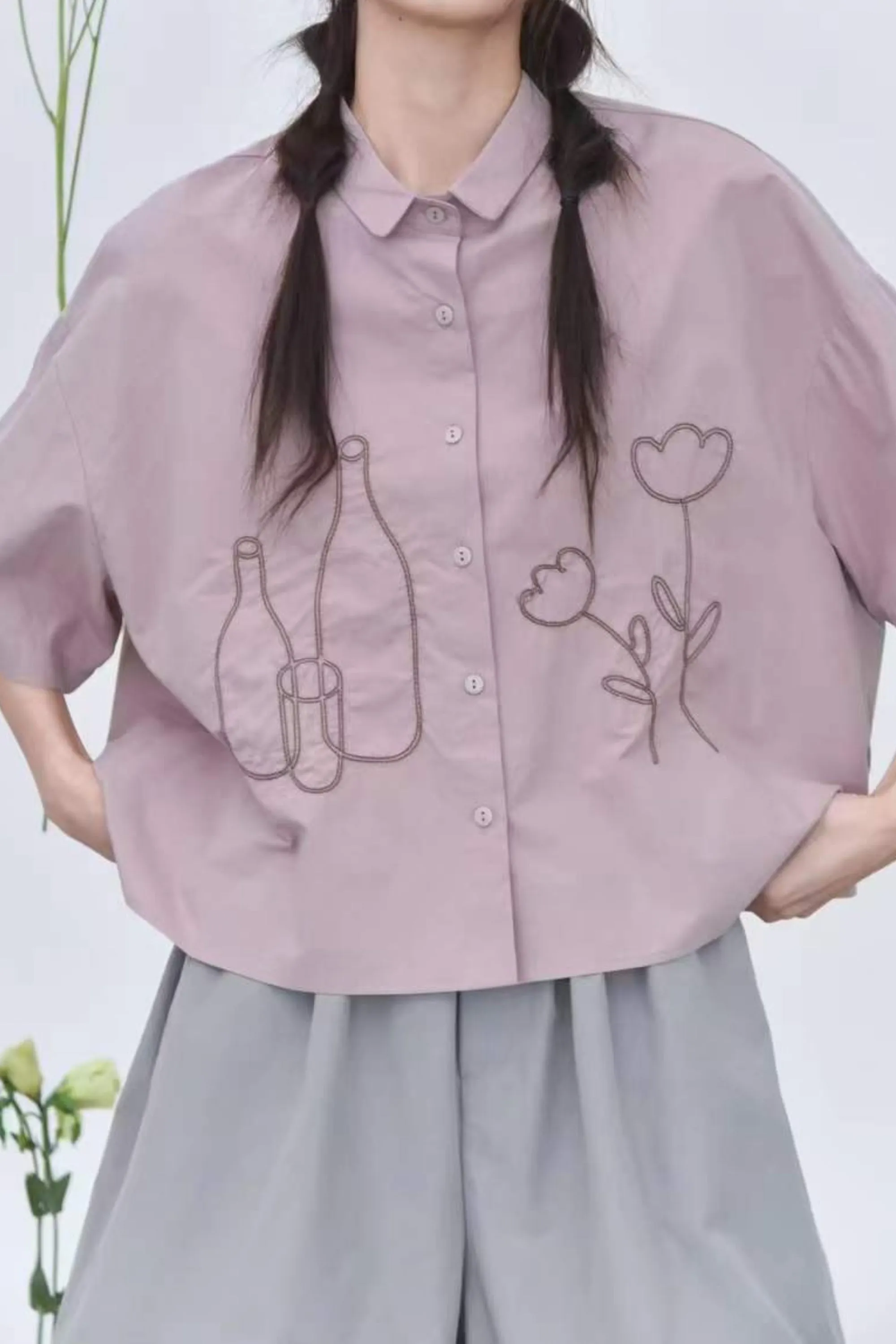 Cotton Shirt With Line Embroidery