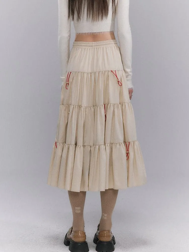 Crumply Flare Drawstring Tiered Long-Skirt