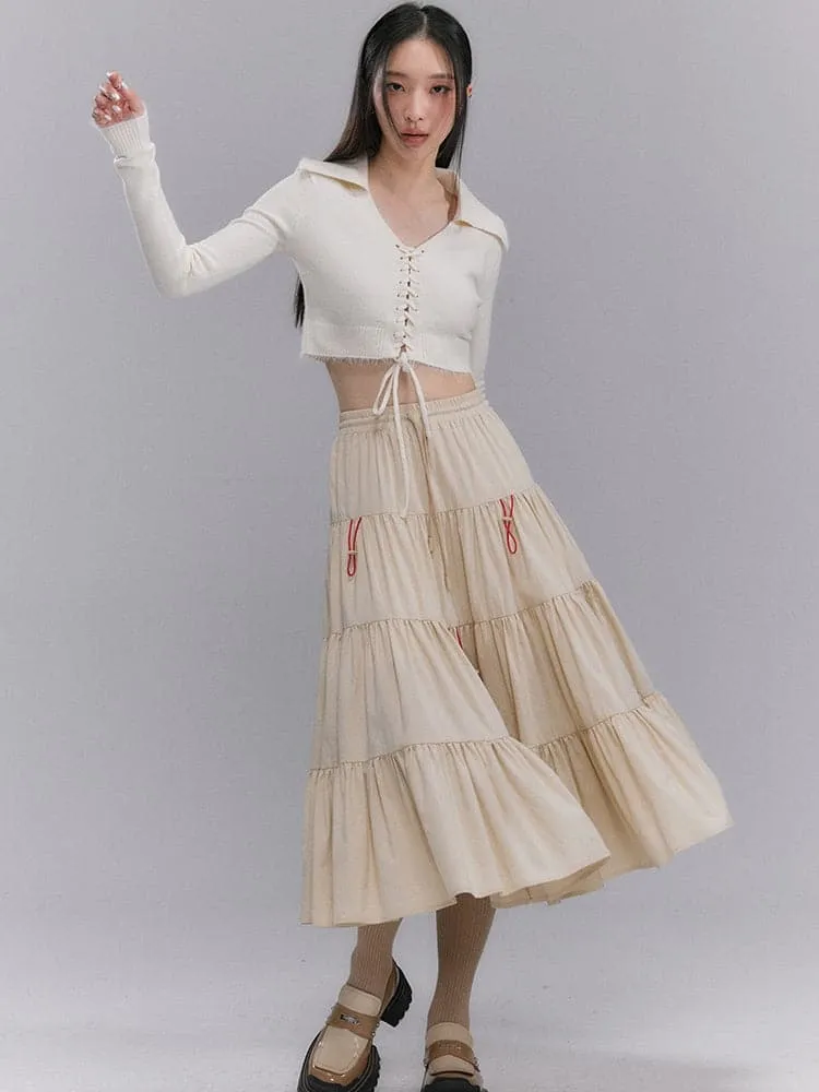 Crumply Flare Drawstring Tiered Long-Skirt