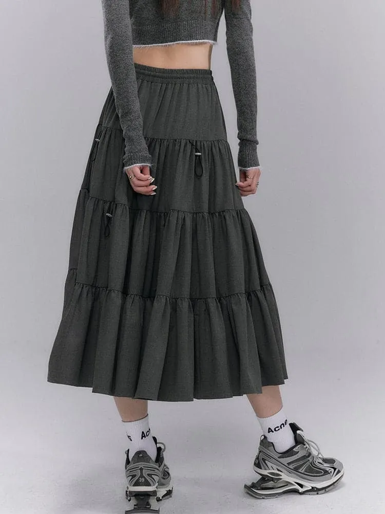 Crumply Flare Drawstring Tiered Long-Skirt